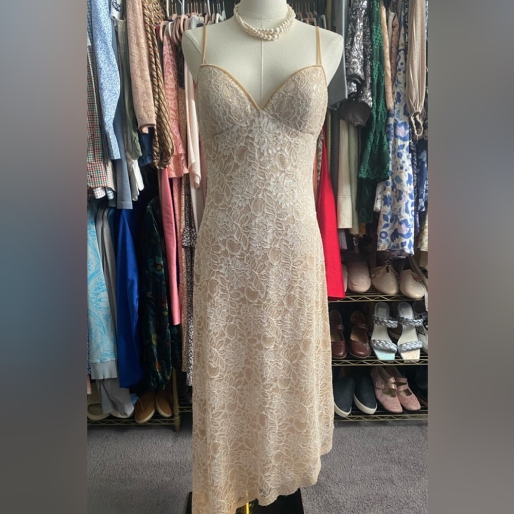 White House Black Market Asymmetrical Spaghetti Strap, Lace Overlay Dress.